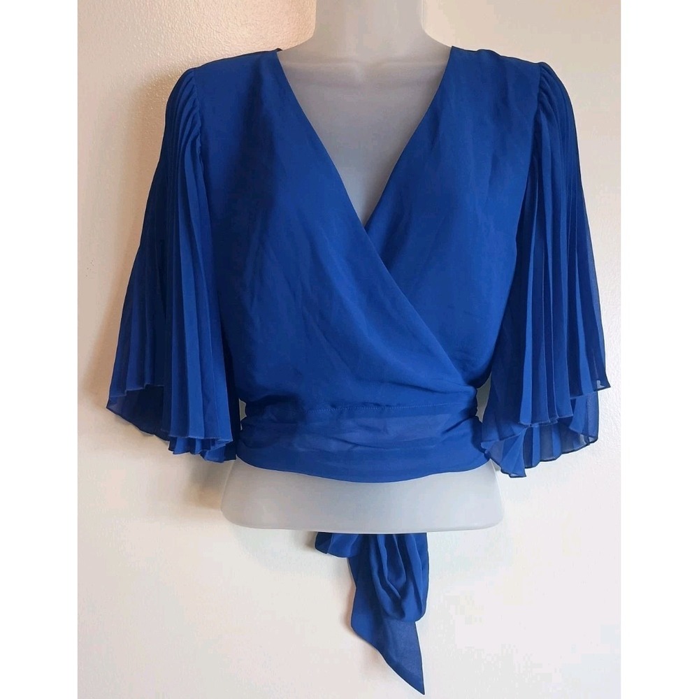 Express Blue Pleated Flutter Sleeve Wrap Blouse Tie Back Top Women's S
